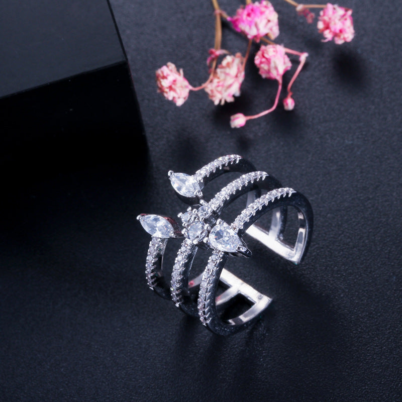 LEM52 New Fashion Three-layer Opening love Ring Super Flash Crystal Ring Sweet Temperament For Women Jewelry gift