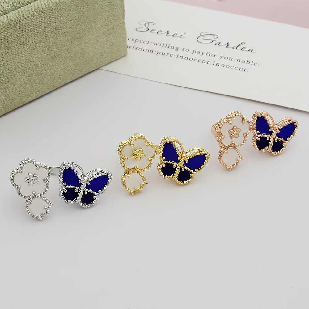 VEM36 New enamel butterfly four-leaf clover double flower ring - a luxurious niche high-end and fashionable design with an elegant style for the finger