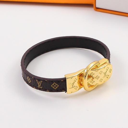 LEM402 New Fashion Open Flower Gold Color Bracelet Metal Letter Wristband Bracelet Couple Accessories for Woman