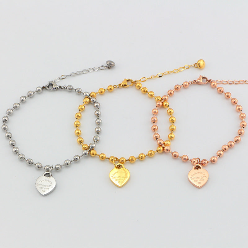 TEM26  Fashion  Stainless Steel Heart-shaped Pendant and Round Bead Bracelet Bangle Bague Femme for Woman Gift
