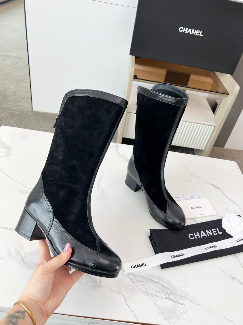 CEM297 New style color-matched fashion boots with thick heels and soft soles stylish and versatile mid-calf women's boots 4 cm taller