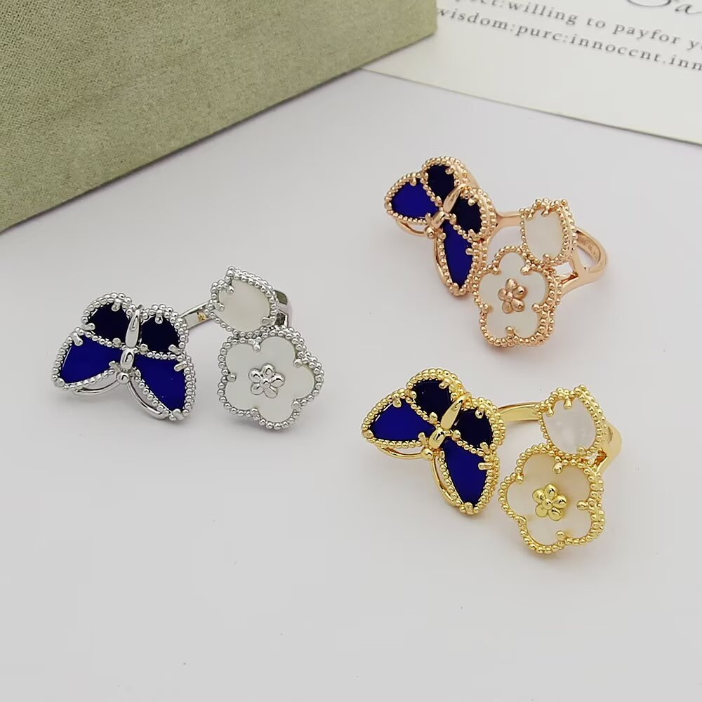 VEM36 New enamel butterfly four-leaf clover double flower ring - a luxurious niche high-end and fashionable design with an elegant style for the finger