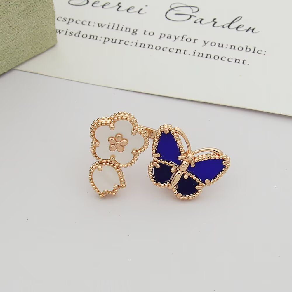 VEM36 New enamel butterfly four-leaf clover double flower ring - a luxurious niche high-end and fashionable design with an elegant style for the finger