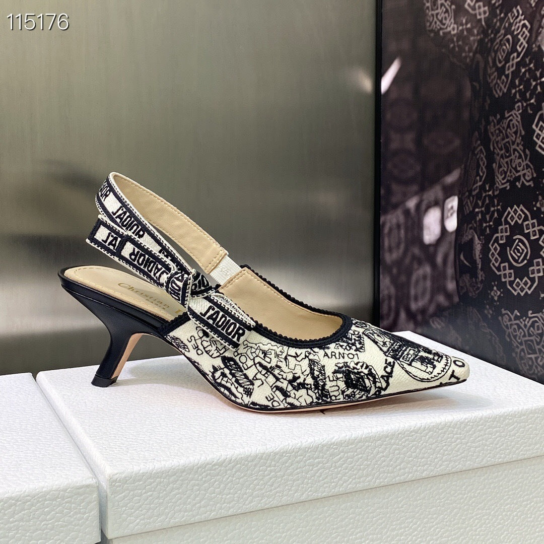 DEM232 Women's Patent Leather Pointed Toe Slingback Heels Embroidery shoes