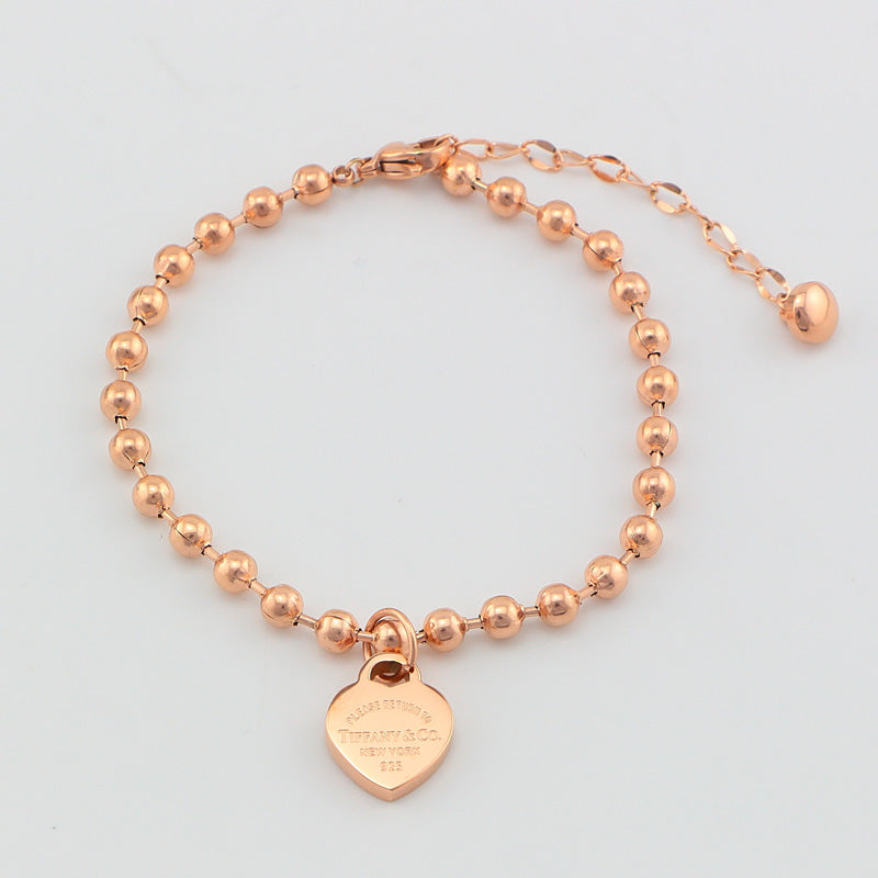 TEM26  Fashion  Stainless Steel Heart-shaped Pendant and Round Bead Bracelet Bangle Bague Femme for Woman Gift