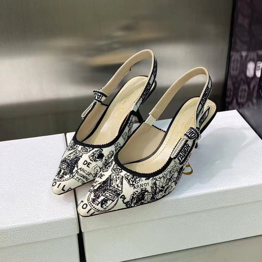 DEM232 Women's Patent Leather Pointed Toe Slingback Heels Embroidery shoes