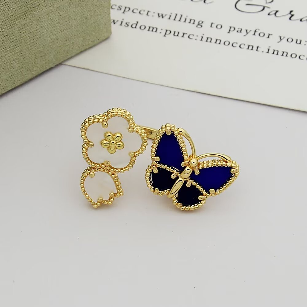 VEM36 New enamel butterfly four-leaf clover double flower ring - a luxurious niche high-end and fashionable design with an elegant style for the finger