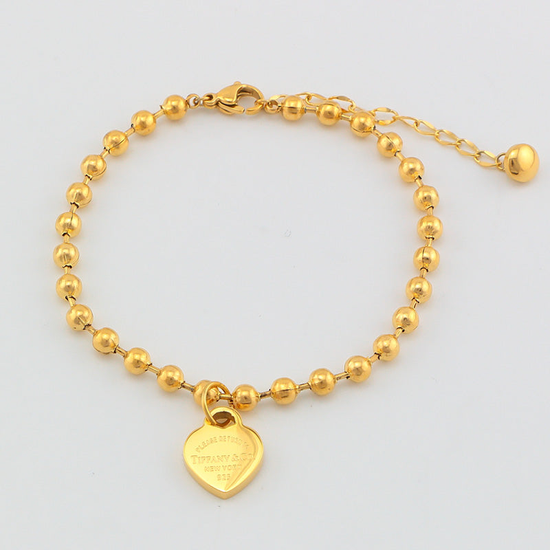 TEM26  Fashion  Stainless Steel Heart-shaped Pendant and Round Bead Bracelet Bangle Bague Femme for Woman Gift