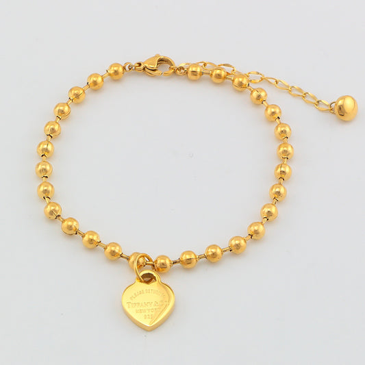 TEM26  Fashion  Stainless Steel Heart-shaped Pendant and Round Bead Bracelet Bangle Bague Femme for Woman Gift