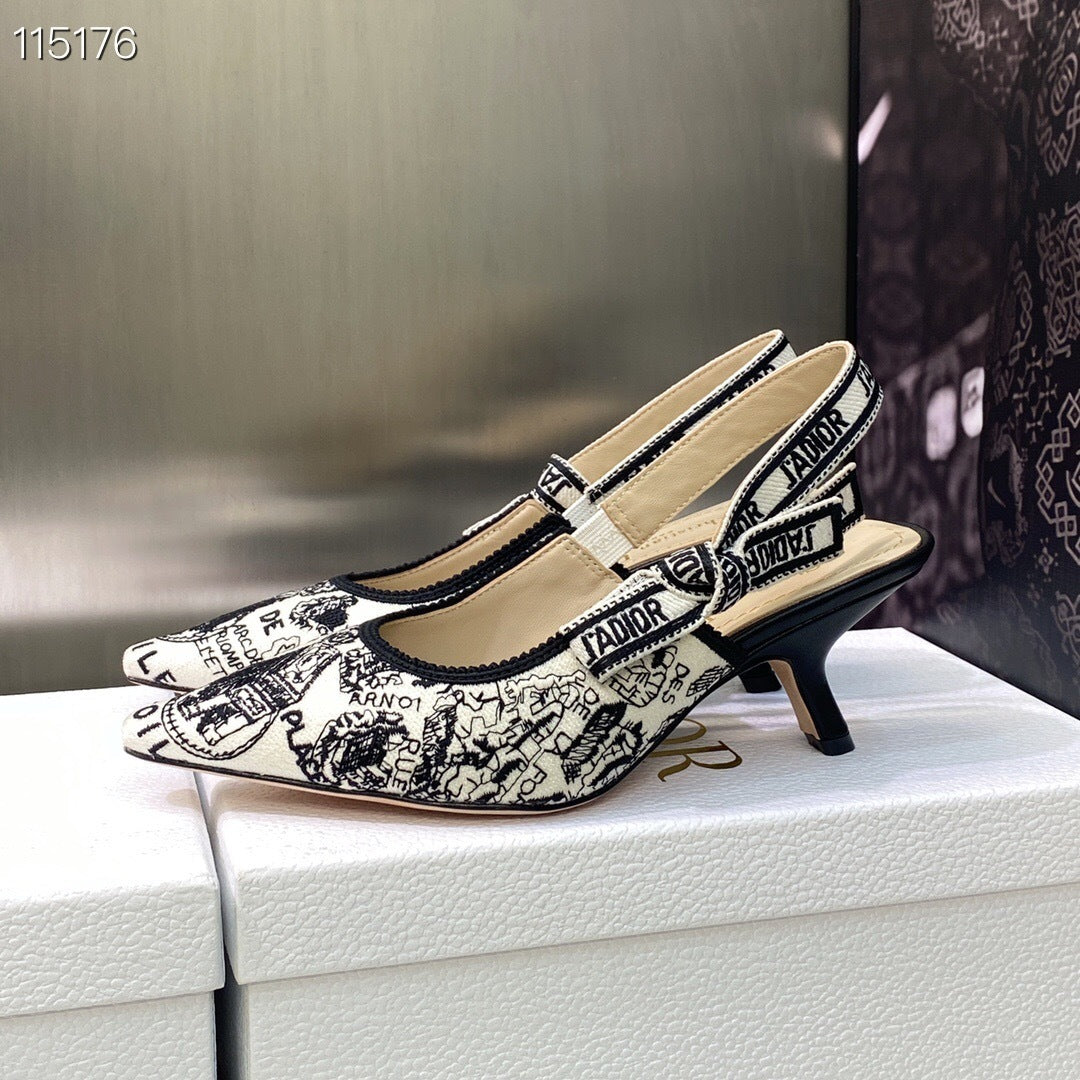 DEM232 Women's Patent Leather Pointed Toe Slingback Heels Embroidery shoes