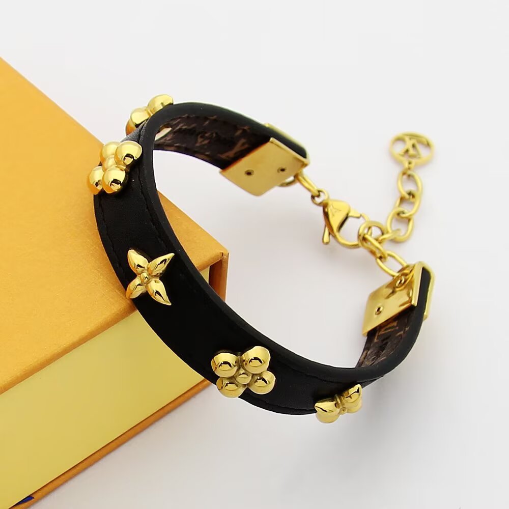 LEM266 Fashion Designers Bracelet Black Leather Boutique 18k Gold Plated cuff braceles bangles for men women gifts