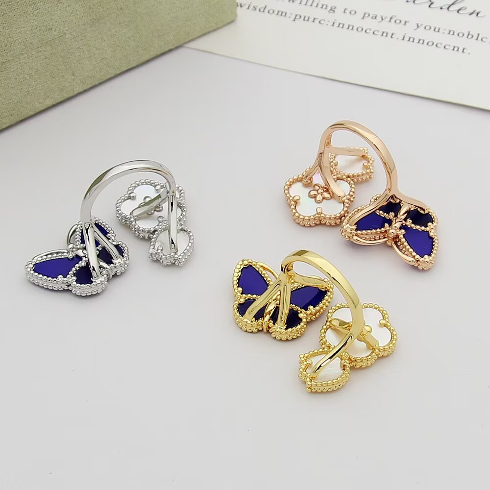 VEM36 New enamel butterfly four-leaf clover double flower ring - a luxurious niche high-end and fashionable design with an elegant style for the finger