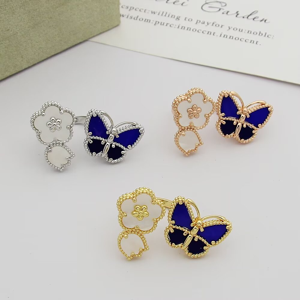 VEM36 New enamel butterfly four-leaf clover double flower ring - a luxurious niche high-end and fashionable design with an elegant style for the finger