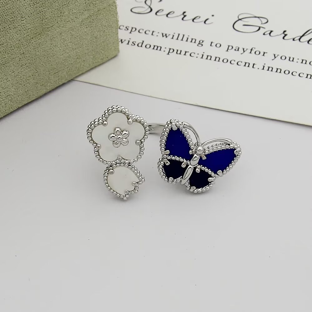 VEM36 New enamel butterfly four-leaf clover double flower ring - a luxurious niche high-end and fashionable design with an elegant style for the finger