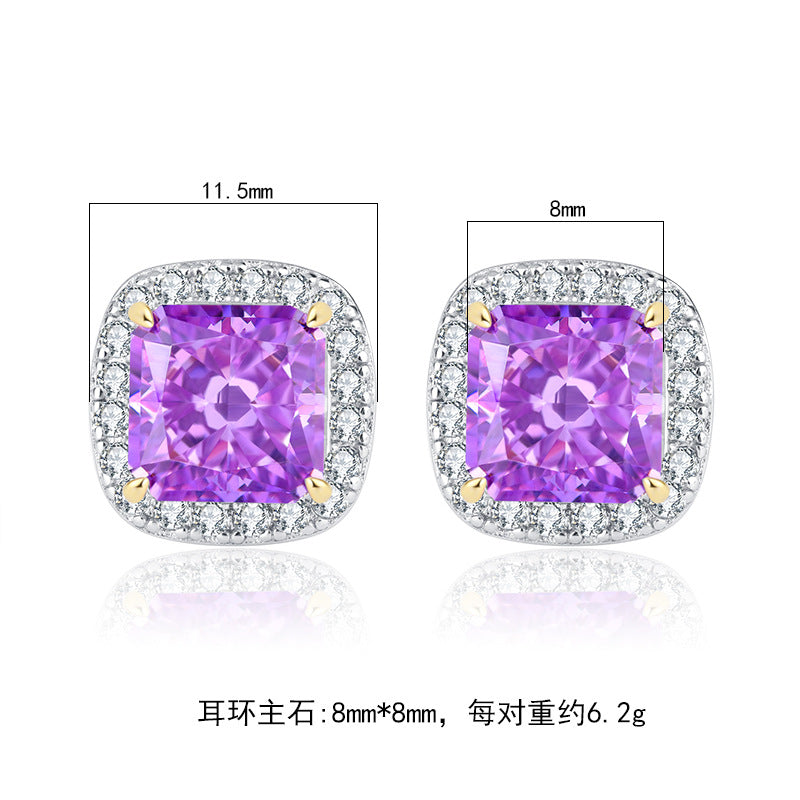 DEM78 New arrive Hot sale S925 silver high carbon CZ Yellow color treasure color small square earrings retro simple women's earrings 8*8