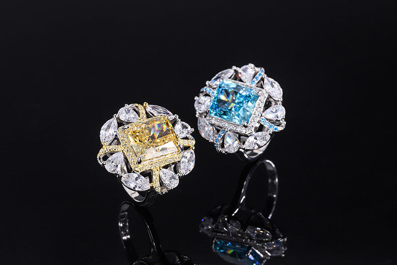 DEM86 S925 Silver Color Treasure High Carbon cz Yellow Diamond Radiant Cut Color Separation Closed Jewelry Ring 10*12