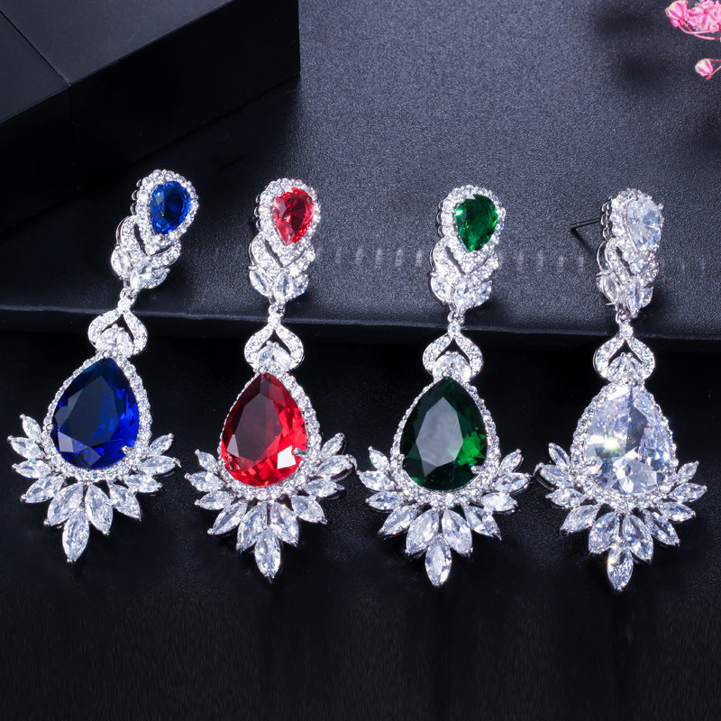 DEM91 Hot Sale Super Flash Micro Water long Earrings for woman Beautiful Lady blue and red white Earrings Earrings Dinner Jewelry