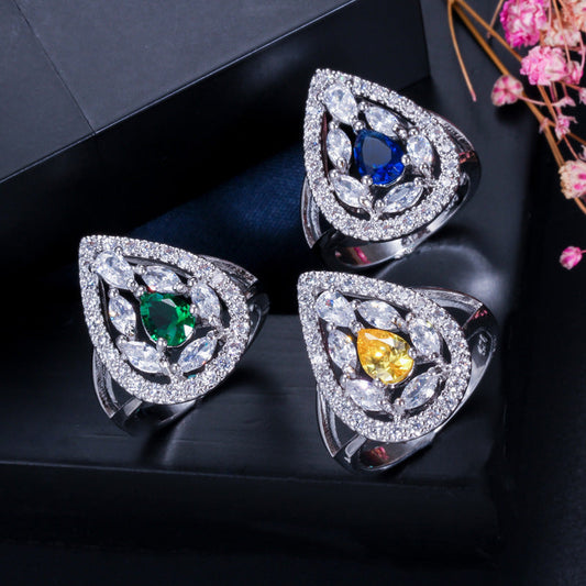 New Fashion Water Drop Ring Three Colors Environmental Protection Copper Luxury Crystal Ring For Women Jewelry