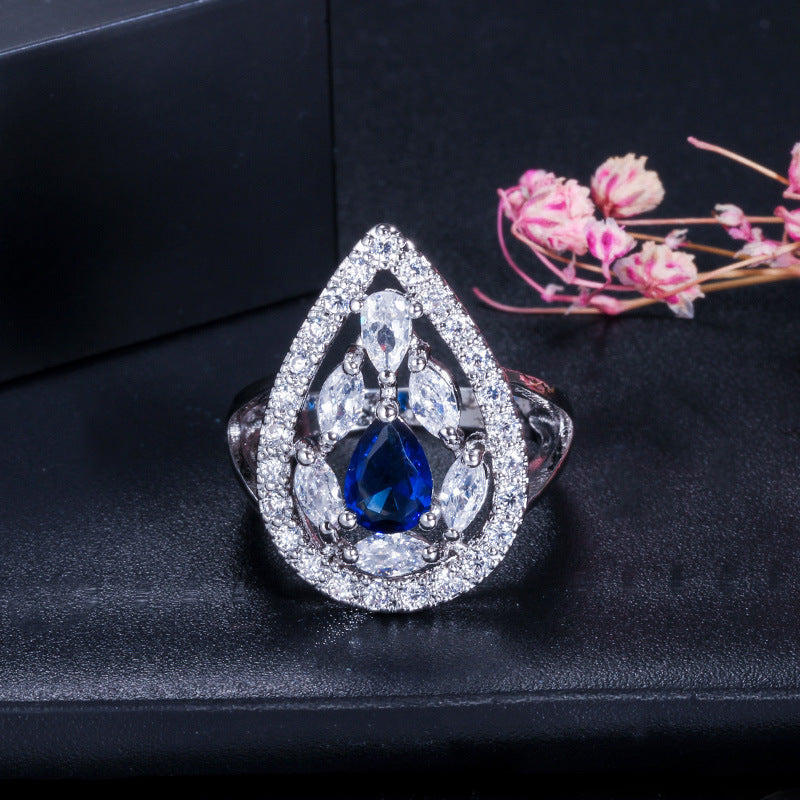 New Fashion Water Drop Ring Three Colors Environmental Protection Copper Luxury Crystal Ring For Women Jewelry