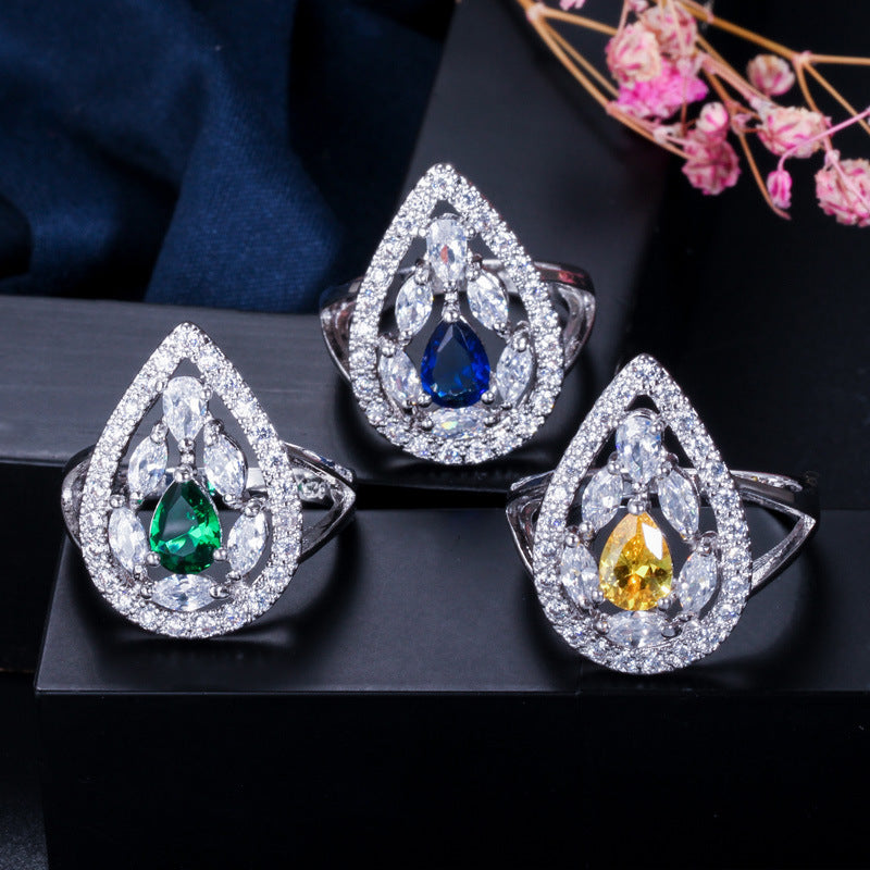 New Fashion Water Drop Ring Three Colors Environmental Protection Copper Luxury Crystal Ring For Women Jewelry