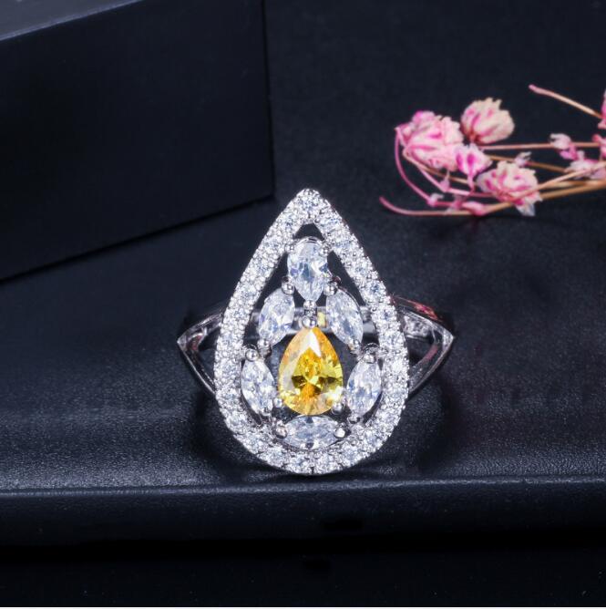 New Fashion Water Drop Ring Three Colors Environmental Protection Copper Luxury Crystal Ring For Women Jewelry