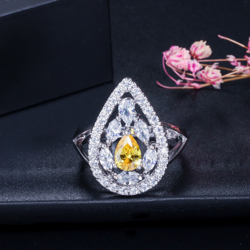 New Fashion Water Drop Ring Three Colors Environmental Protection Copper Luxury Crystal Ring For Women Jewelry