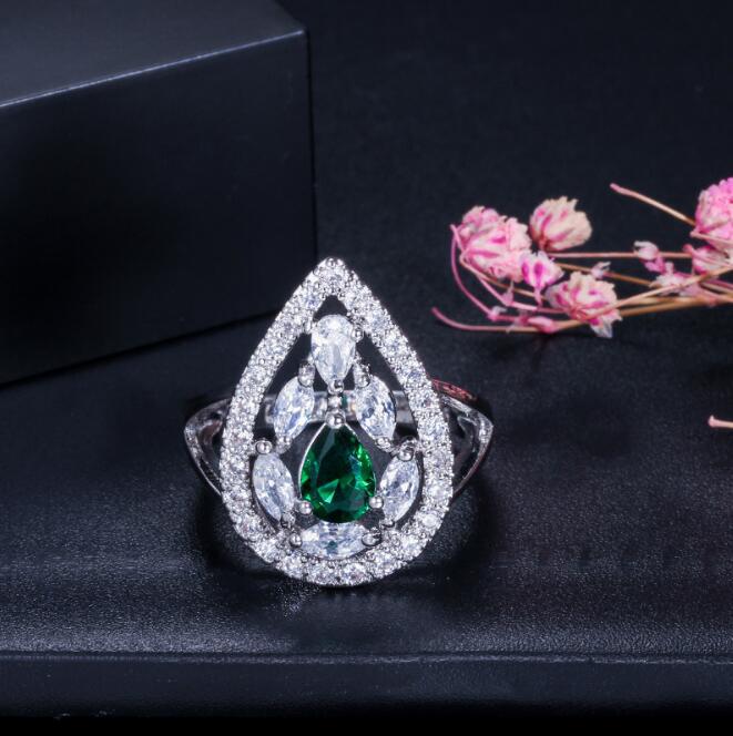 New Fashion Water Drop Ring Three Colors Environmental Protection Copper Luxury Crystal Ring For Women Jewelry