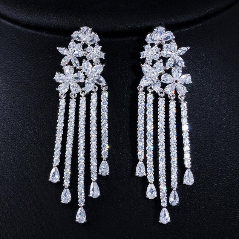 S925 Silver Needle Color Flower Water Drop Long Tassel Earrings Crystal Beautiful Bridal Luxury Earrings for women jewelry