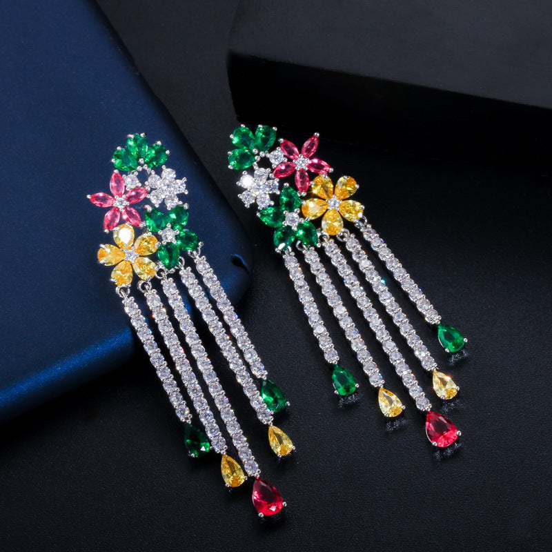 S925 Silver Needle Color Flower Water Drop Long Tassel Earrings Crystal Beautiful Bridal Luxury Earrings for women jewelry