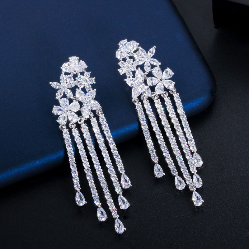 S925 Silver Needle Color Flower Water Drop Long Tassel Earrings Crystal Beautiful Bridal Luxury Earrings for women jewelry