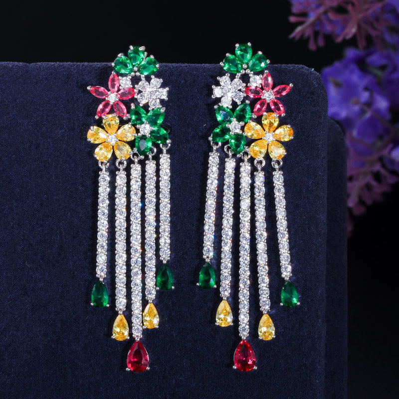 S925 Silver Needle Color Flower Water Drop Long Tassel Earrings Crystal Beautiful Bridal Luxury Earrings for women jewelry