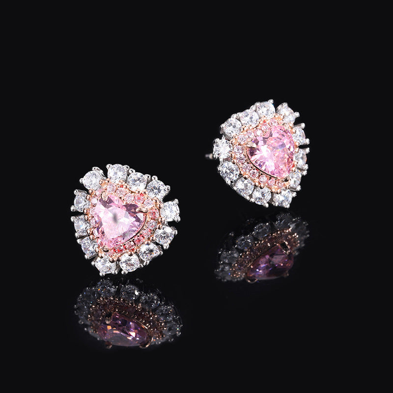 DEM43 S925 Silver High Carbon cz Individually Packaged Heart-Shaped Cherry Blossom Powder Retro Simple Women's Stud Earrings 6*6